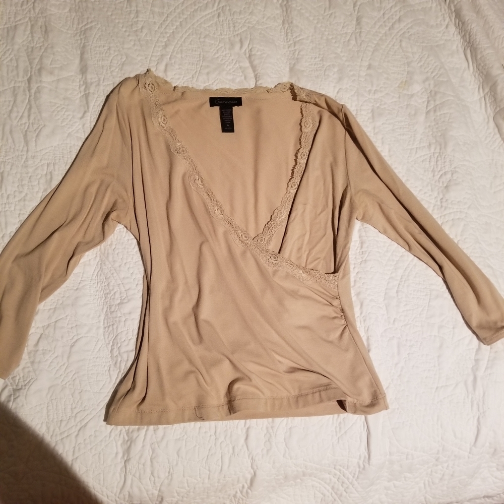 Context nude wrapover lace blouse